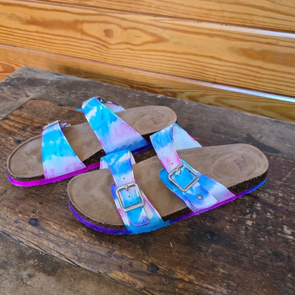 Never worn size 9 hand-colored tie-dye Birk-style sandals!
